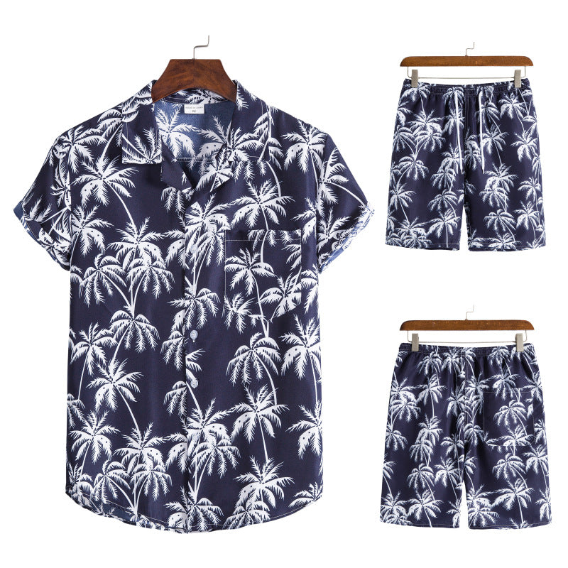 Wholesale Men's Short Sleeve Set Hawaiian Beach Wind Print Short Sleeve Shorts